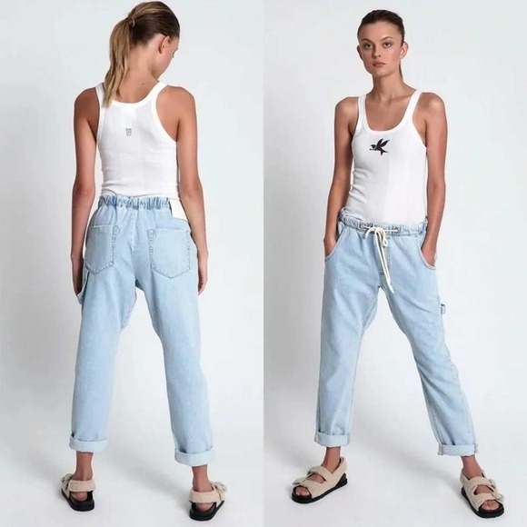 Oneteaspoon Pants - One Teaspoon Workwear Shabbies Drawstring Boyfriend Jeans Light Wash Denim XS